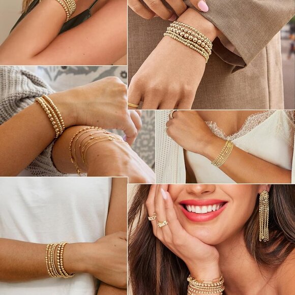 Gold Beaded Bracelets Set Women 14K Gold Plated Elastic 5-Piece 6-7.5" - Picture 7 of 9